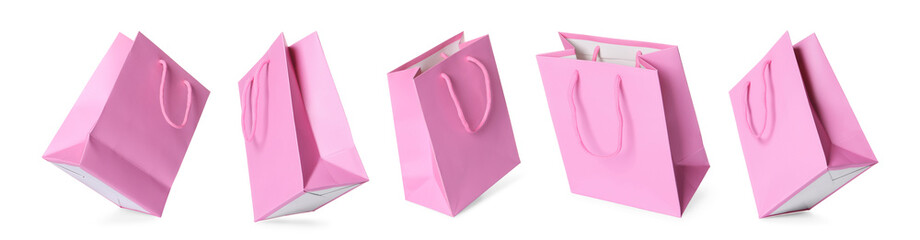 Pink shopping bag isolated on white, different sides