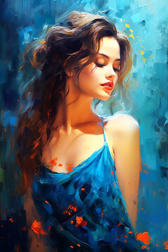 Impressionism style Portrait of a young beautiful girl in a blue dress and red lips. Acrylic painting on canvas