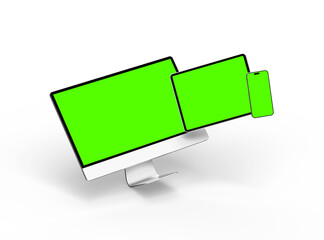 3D Render of smartphone tablet desktop with green screens on a transparent background