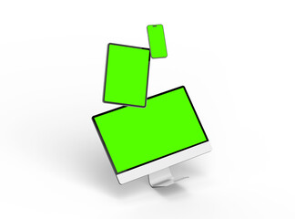 3D Render of smartphone tablet desktop with green screens on a transparent background