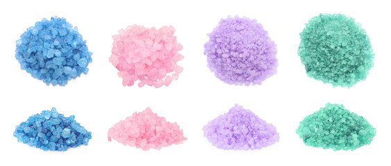 Different sea salt isolated on white, top and side views