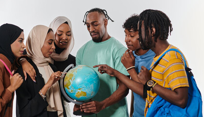 A diverse group of students is gathered around a globe, engrossed in exploration and study, their...