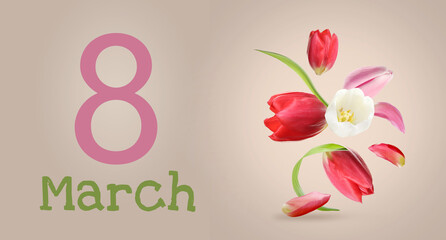 March 8 - International Women's Day. Greeting card design with beautiful flowers on dark beige background