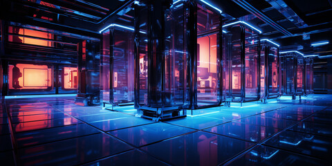 A dazzling server room filled with advanced technology glowing with brilliant neon colors, Glowing Data Haven: Neon-Lit Server Room with Advanced Technology