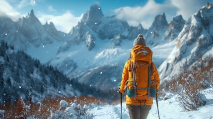 Female climber hiking in winter mountains
