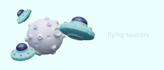3D moon with volcanic craters, flying saucers. Foreign territory. Planet of aliens