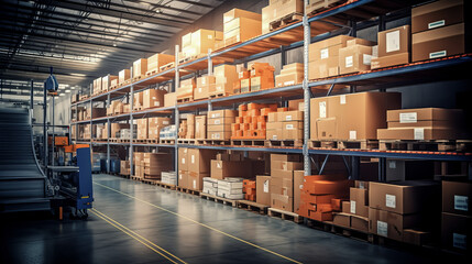 Distribution center with box packaging on shelves. Warehouse with packaged goods. Ai art