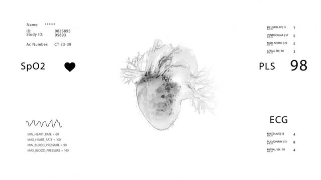 Medical UI monitoring.Heart rate monitor. Futuristic Technological Interface. Sceleton, 3D Model Animation.Healthcare. white background