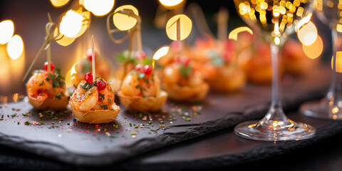 Fototapeta na wymiar shrimp appetizers on a party table with baguette slice champagne glassessandwich stick bokeh outdoor table