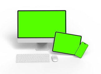 3D Render of smartphone tablet desktop with green screens on a light background