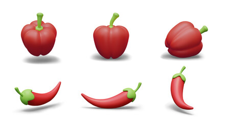 Red paprika and hot pepper. Set of realistic models in different positions