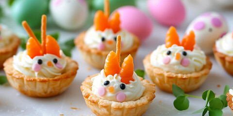 Fototapeta na wymiar Little bunny pastries with cheese cream and raw salmon on the easter table festive appetizer