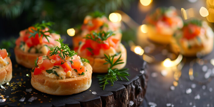 Toasted Baguette Slices With Raw Salmon And Cheese Cream On The Elegant Christmas Or New Year Eve Or Wedding Table