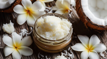 Obraz na płótnie Canvas High quality coconut oil. Jar of coconut oil and half coconut surrounded by tropical magnolia flowers. Oil for spa, cosmetics and hair and body care