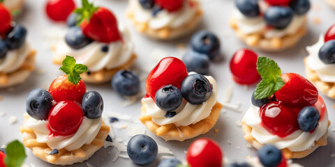 Strawberry and blueberry appetizer plate with white vanilla cream for july 4th usa flag color bites