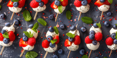 Strawberry and blueberry appetizer plate with white vanilla cream fluff on stick