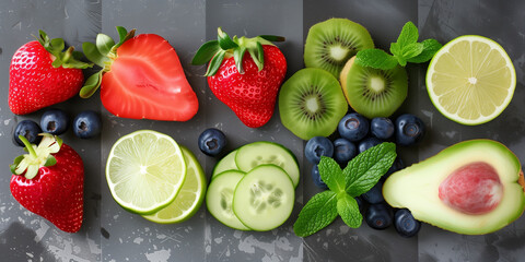 healthy food montage on black background with vegetables and fruits like avocado blueberry strawberry mint leaf kiwi citrus cucumber - obrazy, fototapety, plakaty