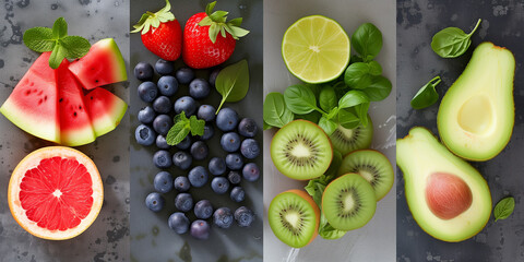 healthy food montage on black background with vegetables and fruits like avocado blueberry strawberry mint leaf kiwi citrus grapefruit watermelon - obrazy, fototapety, plakaty