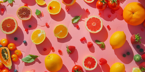 mixed citrus fruit slices on pink background