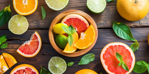 citrus fruits on wooden background