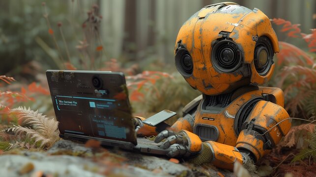 A hacker robot is resting on a boulder while operating a laptop computer