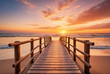Fototapeta na wymiar Close-up captures weathered wooden bridge planks at sunset by ai generated