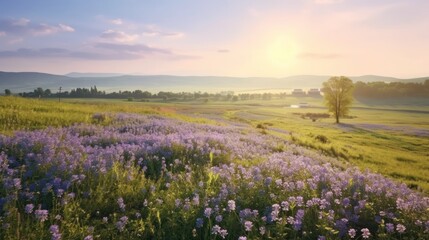 Fototapeta premium landscape sunrise view on the meadow in spring