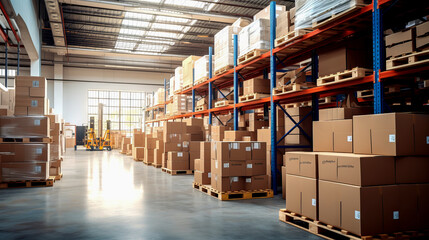 Distribution center with box packaging on shelves. Warehouse with packaged goods. Ai art