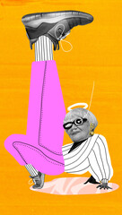 Stylish extraordinary senior woman in glasses, stretching leg on vivid yellow background. Modern...