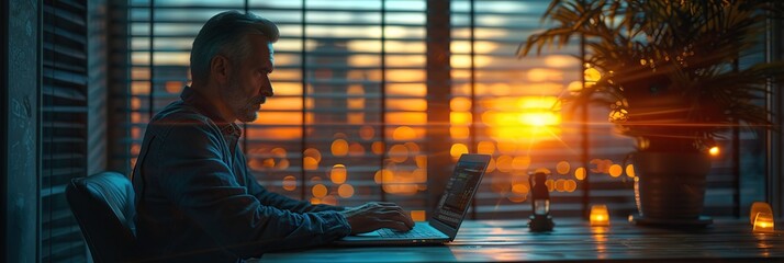 Man using laptop computer working on new project idea at his table in office at