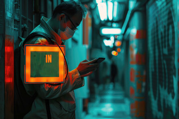 Man with Mask Checking Smartphone in Neon-lit Alley. A man wearing a protective mask using his smartphone in a neon-lit narrow alley, reflecting the new normal of urban life.  