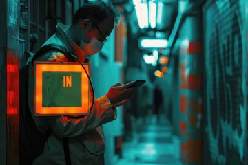 Gartenposter Enge Gasse Man with Mask Checking Smartphone in Neon-lit Alley. A man wearing a protective mask using his smartphone in a neon-lit narrow alley, reflecting the new normal of urban life.  