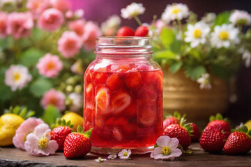 Strawberry lemonade or iced tea. Summer refreshing cocktail in jar. Floral background.