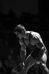 Wrestler in focus, poised and ready for the match in a spotlight, against a dark backdrop.