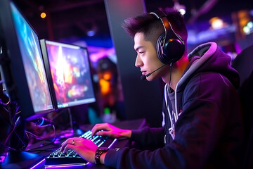 Guy gamer in headphones plays video games on PC