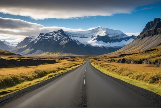 Skaftafell National Park's winding road, unveiling rugged beauty with each bend towards towering mountains by ai generated