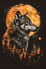 Duo Tone Wolf Illustration.  Generated Image.  A duo tone digital wolf illustration in the wild.