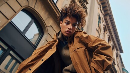 Young woman in a bold mustard trench coat posing confidently in an urban setting.