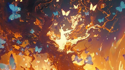 abstract illustration of Ethereal butterflies dancing around a magical bonfire