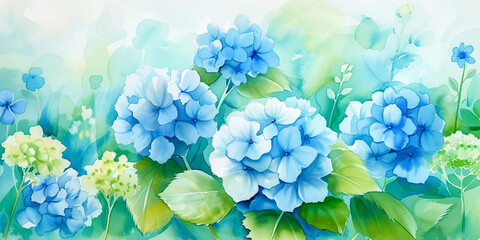 The background with spring flowers embodies the concept of awakening nature and the beginning of a new season. Pastel colors, blue shades. The banner. Watercolour - obrazy, fototapety, plakaty