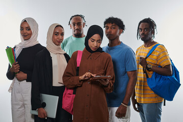 Group of diverse students engages in modern educational practices, utilizing a variety of technological tools such as laptops, tablets, and smartphones against a clean white background, exemplifying