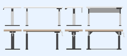 Electric height adjustable standing desk, Manual adjustable standing desk, Front view of modern worktables, Side view of working desk, Workplace and working space concept.
