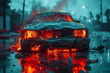 accident car in fire vehicle is parked