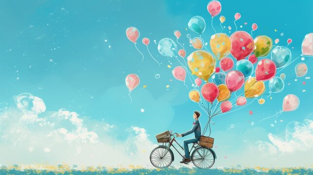 Illustration of a man on a bicycle with a basket, lifted by a bouquet of vibrant balloons against a blue sky.
