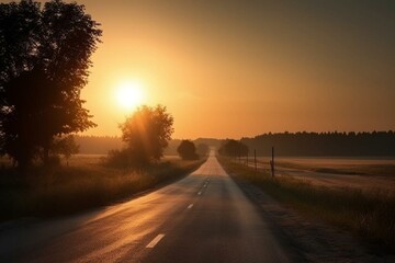 Naklejka na ściany i meble Evening road with sunlight leading to horizon. Generative AI