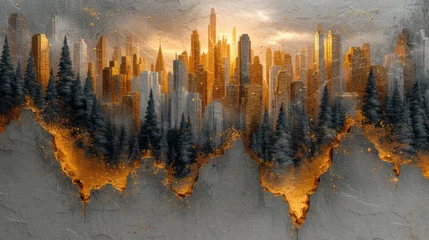 Rolgordijnen Generative AI, Grey and golden oil painted textured cityscape, impasto style, big city landscape  © DELstudio