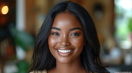 Obraz premium Stock photo of a beautiful black woman smiling and taking a photo.