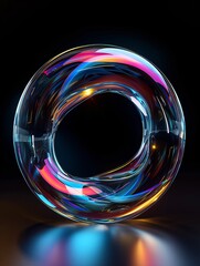 Shimmering 3D glass circle with fluid, holographic design on black background.
