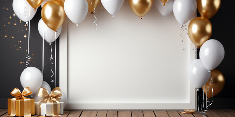 Colorful party birthday background with balloons baby shower interior, Whimsical Celebration: Balloon-Filled Baby Shower - obrazy, fototapety, plakaty