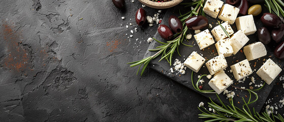 Sliced ​​goat feta cheese with rosemary and olives - obrazy, fototapety, plakaty